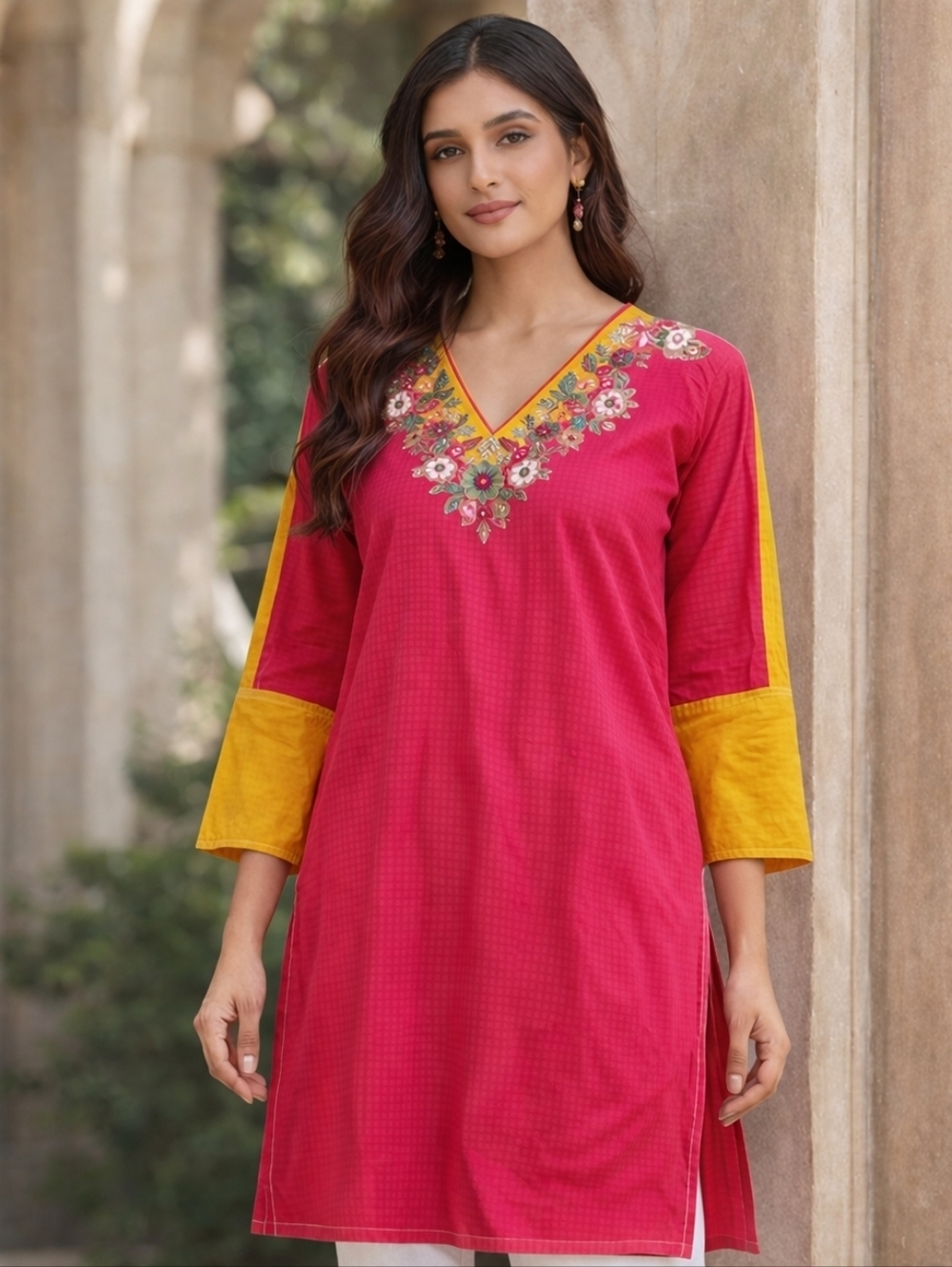 Junaid Jamshed Embroidered Kurta Medium Pink Yellow Floral Cotton Tunic